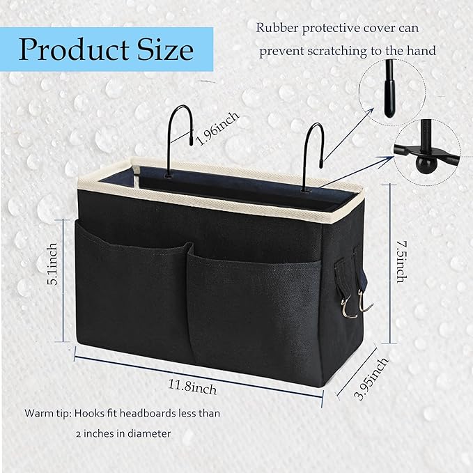 Bedside Caddy/Bedside Hanging Storage Bag Multi-Function Caddy for Bunk bed Hospital Beds Dorm Bed Rails, Holders Books Glasses Phones Magazine（2pc Black）