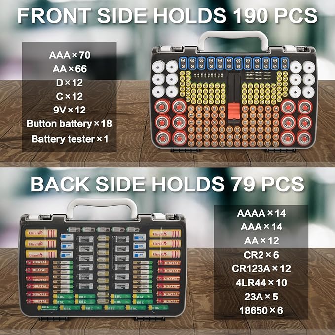 Battery Organizer Storage Holder Case with Double-Sided, Garage Box with Tester Checker. Batteries Container for 269pcs AA AAA AAAA 3A 4A 9V C D Lithium 4LR44 CR2 CR123A CR1632 CR2032 18650 - Black