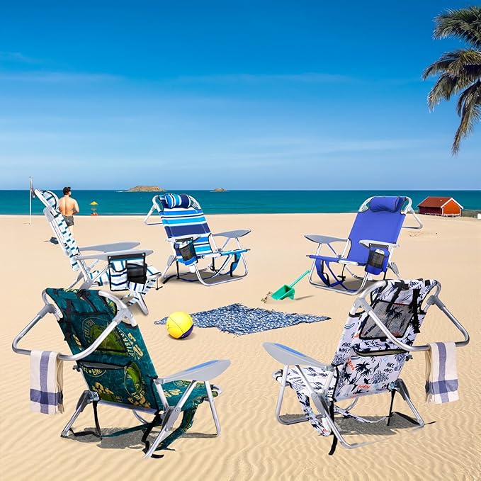 2 Pack Lightweight Portable Camping Beach Chair for Adults, Outdoor Lay Flat Folding Beach Chairs with 5 Positions, Backpack Beach Chair with Towel Bar, Zipper Pouch, Cup Holder, Blue