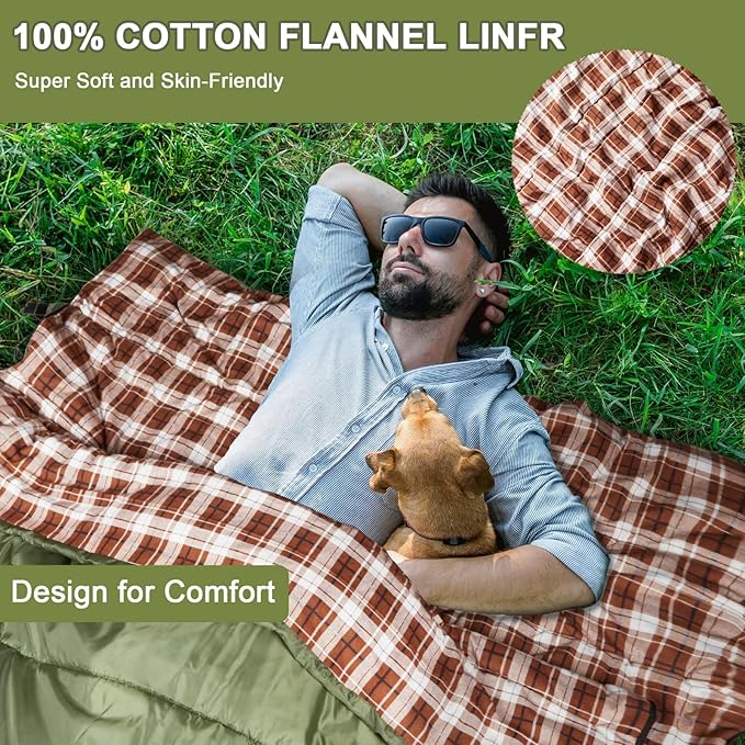 AGEMORE Cotton Flannel Double Sleeping Bag for Camping, Backpacking Or Hiking. Queen Size 2 Person Waterproof Sleeping Bag for Adults Or Teens. Lightweight with Compression Sack