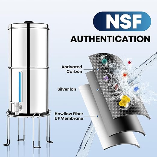 3.5 Gallon Gravity Water Filter System with 3 Stage 0.001μm Ultra-Filtration, Stainless Steel Water Filtration System, Include 3 Filters, Metal Stand&Spigot, Reduce 99.99% Chlorine - 2025 Upgraded