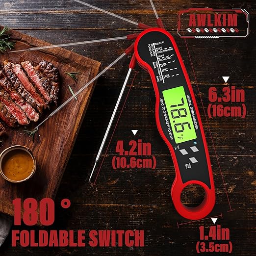 AWLKIM® Meat Thermometer Digital - Instant Read Waterproof Food Thermometer with Backlight for Cooking, Grill, Candy, Kitchen & Stocking Stuffers for Men - Red