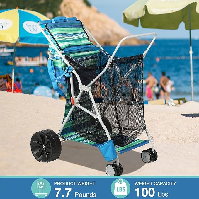 Beach Cart with Big Wheels for Sand, Collapsible All-Terrain Beach Wagon with Cooler Bag & Umbrella Holder, Large Mesh Storage, Supports 100lbs for Camping, Outdoor, Shopping, Dark Blue Stripes
