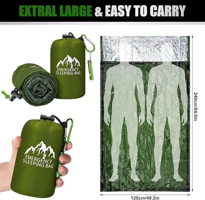 Oudain 6 Pcs XL Emergency Sleeping Bag 94.5" x 49.2" Waterproof Survival Sleeping Bag with Whistle Carabiner Portable Thermal Bivy Sack Emergency Blankets for Camping Hiking Outdoor