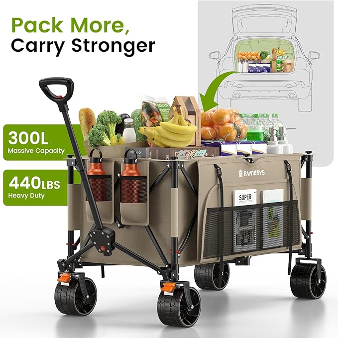 Collapsible Wagon Cart with Wheels, Foldable 440lbs 300L Heavy Duty Folding Wagon for Sports, Beach, Grocery, Camping, Coffee Brown - Upgraded Effortless Elegance