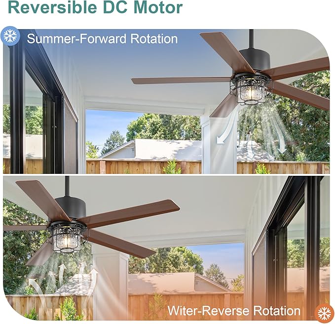 52-Inch Outdoor Fan Light,with Light and Remote Control,6-Speed Reversible DC Motor,Adjustable Height, Suitable for Pavilions and Porches.(Wood Grain)