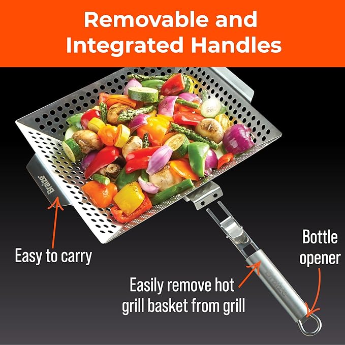 Heavy-Duty Stainless Steel Grill Basket – 12" x 13.75" Grilling Basket with Removable Handle – Large BBQ Basket for Vegetables, Fish & Meat
