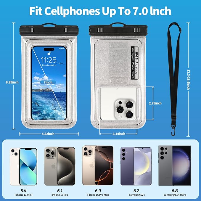 Floating Waterproof Phone Pouch, IPX68 Waterproof Phone Case with Lanyard for iPhone 16 15 14 13 Pro Max Samsung S25 S24 S23 S22, Up to 7", Beach Vacation Essentials, Glitter Silver