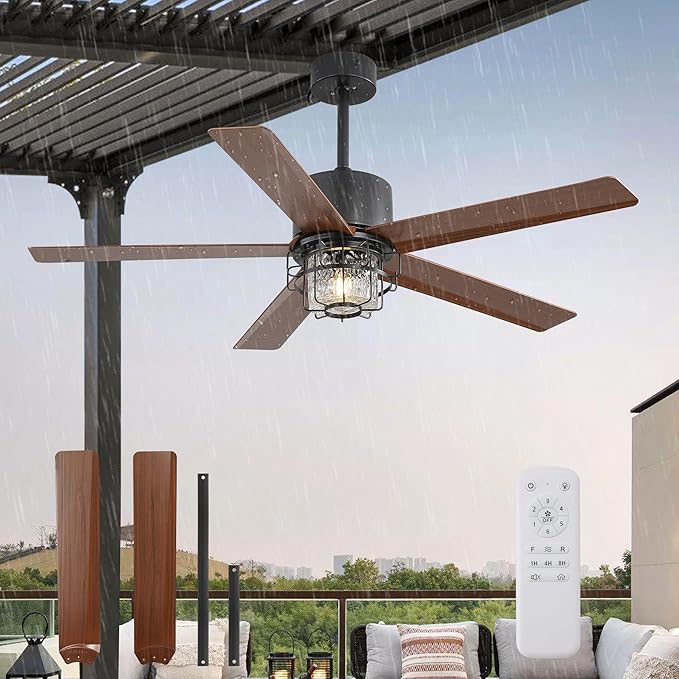 52-Inch Outdoor Fan Light,with Light and Remote Control,6-Speed Reversible DC Motor,Adjustable Height, Suitable for Pavilions and Porches.(Wood Grain)