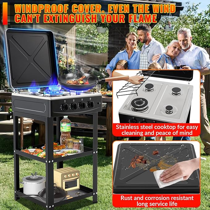 4 Burner Propane Gas Stove,300000BTU Portable Gas Stove with Support Leg Stand and Wind Blocking Cover Adapter Auto Ignition Camping Stove,propane burner for RV, Apartment, Outdoor Cooking