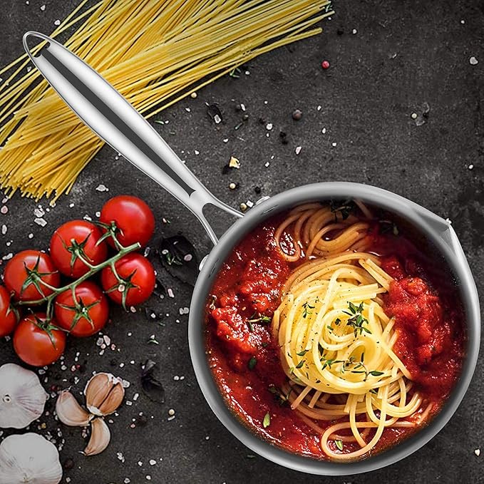 2.0 Quart Stainless Steel Pot Saucepan with Glass Strainer Lid, Sauce Pot with Two Side Spouts, Induction Cooking Pot, Multipurpose Sauce Pan with Lid for Cooking