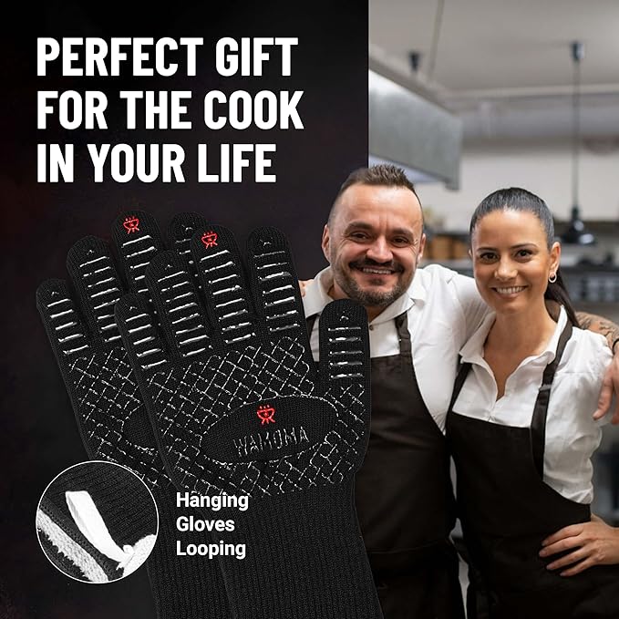 Long Sleeve Heat Resistant Grill Gloves - Medium Grilling Gloves for BBQ with Silicone Grip, Comfortable Cotton Lining for Barbeque, Baking, Oven Gloves with Fingers for Meat