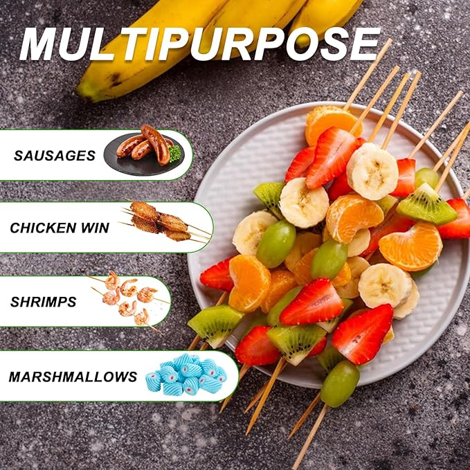 12 inch Natural Bamboo Skewers for Grilling，Chocolate Fountain，Kabob，Crafts，Barbecue，Flower Bouquet， Bouquet Wrapping Paper. Diameter=4mm. More Size Choices 6"/8"/10"/12"/36"(100 PCS)