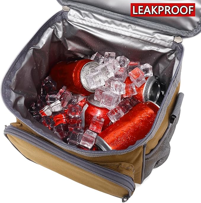 FlowFly Insulated Reusable Lunch Bag Adult Large Lunch Box for Women and Men with Adjustable Shoulder Strap,Front Zipper Pocket and Dual Large Mesh Side Pockets,Brown