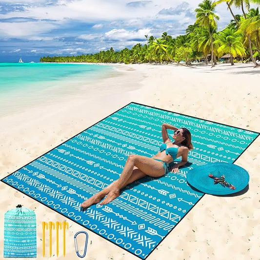 Beach Blanket Waterproof Sandproof Beach Mat 79" X 83"/10'x9'for 2-8 Adults Quick Drying Outdoor Picnic Mat Beach Accessories for Travel, Camping, Hiking