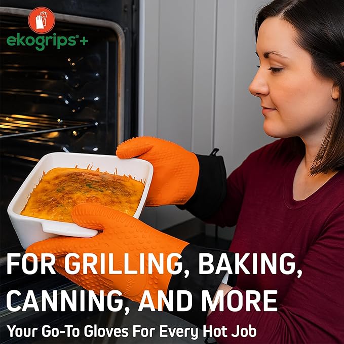 Ekogrips+ Premium Silicone Oven Mitts - Comfy, Waterproof, Heat Resistant BBQ Gloves for Grilling, Long Cuff for Added Protection, 5 Finger Dexterity, 3 Sizes, 4 Colors, L/XL, Orange
