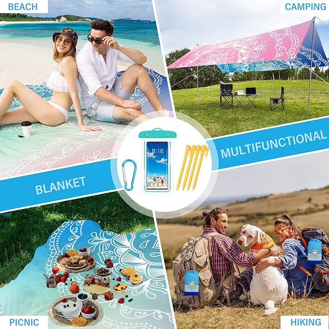 BYDOLL Beach Blanket Waterproof Sandproof 78''×81'' Suits1-4 Adults Compact Lightweight Oversized Sand-Free Blanket Large Picnic Mat for Beach Travel Camping Hiking