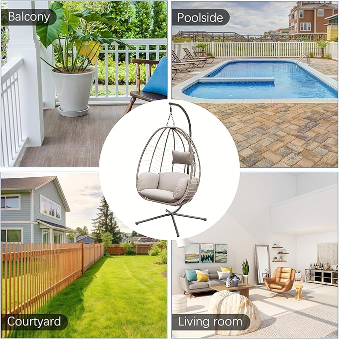 Hanging Egg Chair with Stand, Outdoor Indoor Egg Swing Chair with Cushion Headrest for Patio, Porch, Balcony, Bedroom, 350LBS Capacity (Brown)