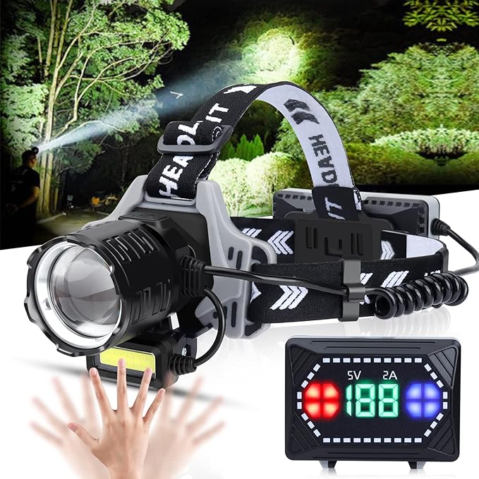 Bud K Rechargeable LED Headlamp, 6000 Lumens Super Bright Headlamp Flashlight with Motion Sensor, 8 Modes, 135°Adjustable, IPX7 Waterproof Head Lamp for Camping, Running, Climbing, Hiking