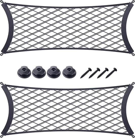 JINGKE 2 Pcs Small Cargo Net Pocket Elastic Mesh Netting Car Mesh Pouch with Screws and Hooks for Trunk RV Boats Home Cargo Storage (23.6'' x 9.8'')