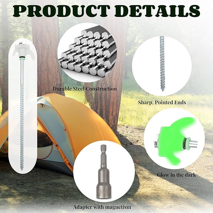 20 Pack 10" Screw in Tent Stakes Heavy Duty, Glow in The Dark Metal Stakes with Hex Head Driver, Ground Anchors for Camping, Patio, Awning, Canopy, and Windy Conditions