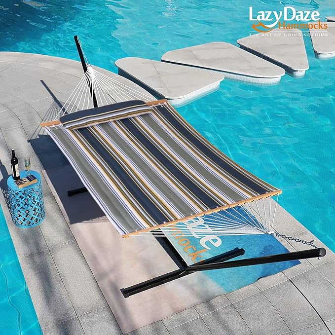 Lazy Daze 12 FT Quilted Fabric Hammock with Spreader Bar, 2-Person Double Hammock for Outside Patio Poolside Backyard Beach, 450 lbs Capacity, Forest