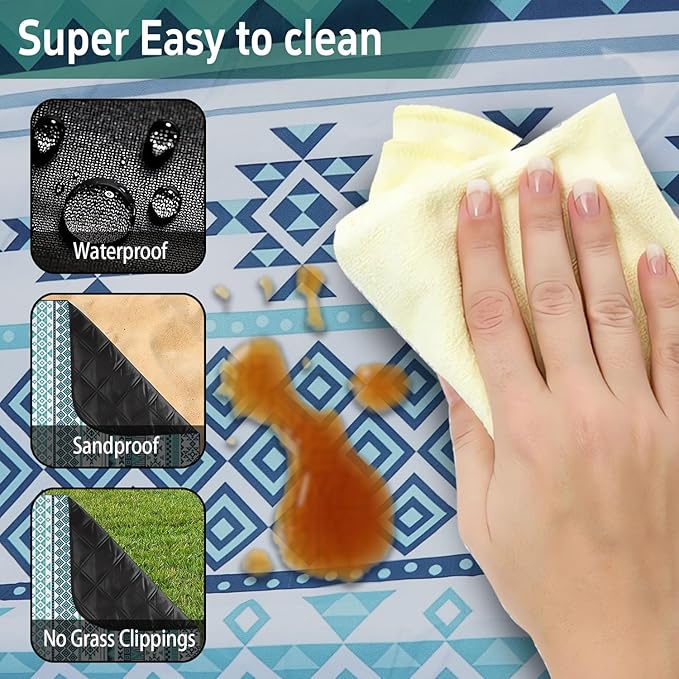 Extra Large Picnic Outdoor Blanket 60''x80'' Teal Blue Tribal Stripes Waterproof and Sandproof Picnic Mat for Beach Foldable Camping Accessories for Grass Lawn Park