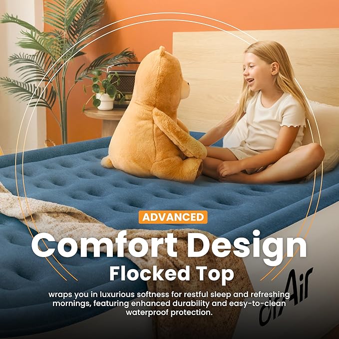 Twin Air Mattress, 18” Raised Inflatable Bed with Built-in Pump, Waterproof Velvety Top, Ergonomic Design, Reinforced Support, and Carry Bag for Home, Camping, and Guests