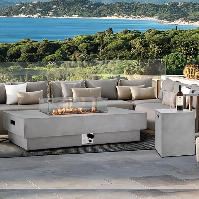 60" Rectangular Propane Fire Pit – 3-Piece 50,000 BTU Concrete Fire Pit with Glass Wind Guard and Tank Cover Table – Outdoor Firepits – Gas Fireplace for Deck or Patio