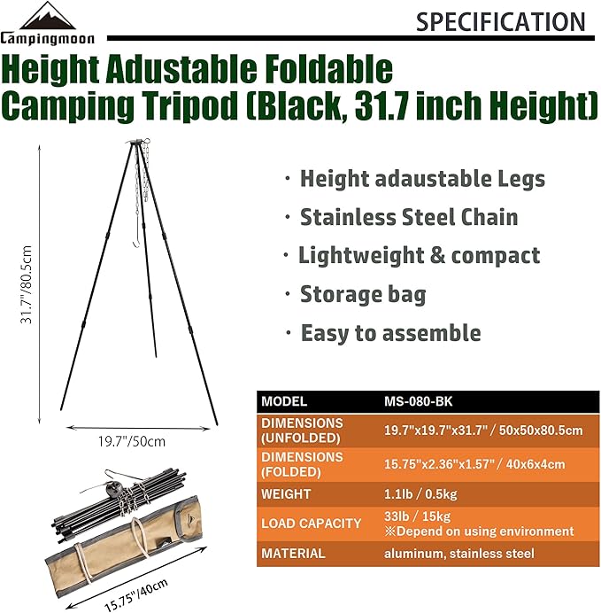 CAMPINGMOON Camping Tripod with Carrying Bag Portable Lightweight Aluminum 31.5-inch Height Stainless Steel Chain