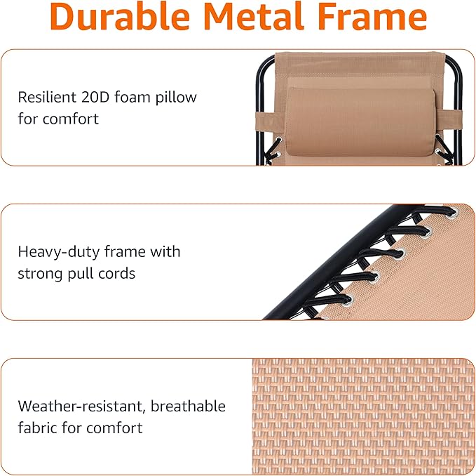 Amazon Basics Outdoor Patio Zero Gravity Lounge Chair with Pillow, Folding Reclining and Textilene Adjustable, Folding Lounge Lawn Chairs for Outside, 26", Beige