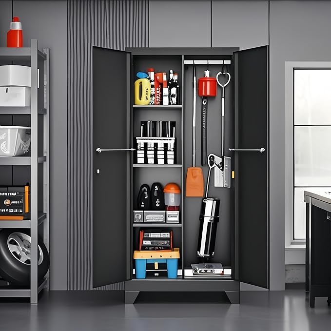 Broom Closet Storage Cabinet, 71" Metal Garage Cabinets with Lock & Hanging Rods, Utility Closet for Brooms and Mops, Cleaning Tool Cabinet for Home Office, Laundry Room