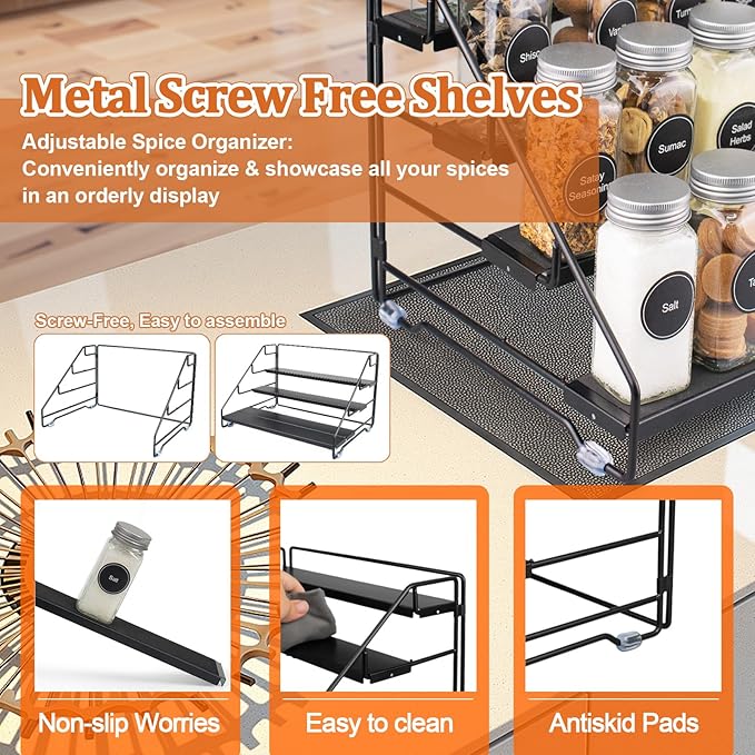 4 Tier Spice Rack Organizer for Cabinet, Step Adjustable Spice Shelf Seasoning Organizer with Non Slip Tiers, Expandable Metal Spice Rack for Kitchen Countertop, Pantry, Cupboard – Black