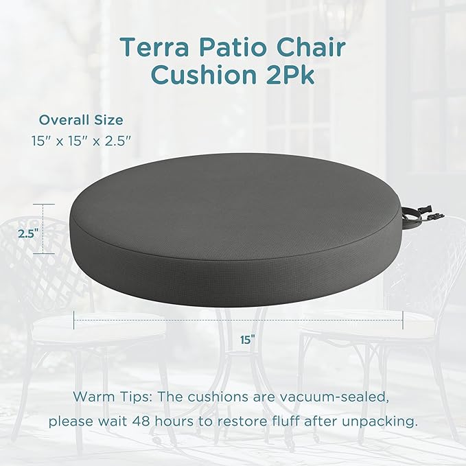 Codi Round Outdoor Chair Cushions 15 Inch, Patio Bistro Cushion Set of 2, Waterproof with Adjustable Straps, Grey 15x15''