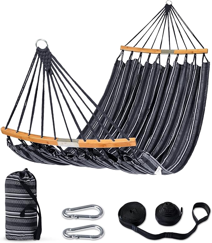 SUNCREAT Hammocks Double Hammock with Curved Spreader Bar, Outdoor Camping Portable Hammock with Carrying Bag & Tree Straps for Patio, Backyard, Balcony, Max 450lbs Capacity, Dark Gray
