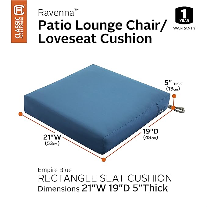 Classic Accessories Ravenna Water-Resistant 21 x 19 x 5 Inch Patio Seat Cushion, Empire Blue, Patio Loveseat Cushion