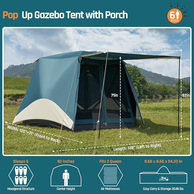 Instant Tents for Camping Pop Up Screen Tent with Rainfly and Porch, 6 Person Large Family Camping Tent with Floor, Easy 60S Setup Hub Tent for Outdoor Picnic Backyard, 11.5'L x 10'W x 6.83'H