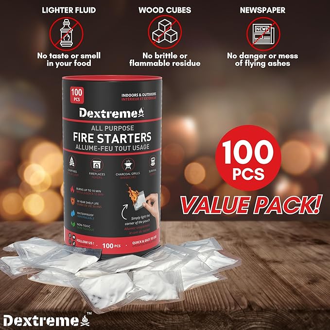 Dextreme Quick Instant Fire Starter - Waterproof All-Purpose Indoor & Outdoor Firestarter, for Charcoal Starter, Campfire, Fireplace, BBQ, Survival and Wood Stove (100 Pcs Tube)