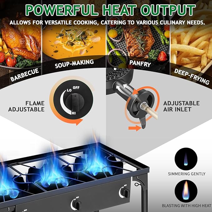Outvita 3 Burner Propane Gas Stove for Outdoor Cooking, 225,000 BTU Camping Cooker with Removable Legs, Temperature Control Knobs for Backyard Cooking, BBQ, Baking and Frying