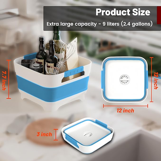 2.4 Gal Collapsbile Wash Basin with Drian Plug,9L Dish Pan for Soaking Baby Bottles,Portable Sink, Multiuse Foldable Bucket,Ice Beverage Tubs for Camping, Vegetable Washing, RV (Blue)