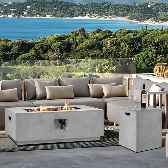 42" Rectangular Propane Fire Pit – 50,000 BTU Concrete Fire Pit with Tank Cover – 2-Piece Outdoor Firepits – Gas Fireplace for Deck or Patio