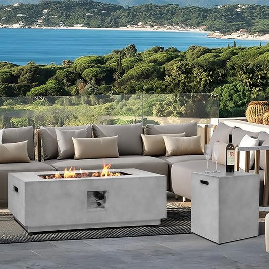 42" Rectangular Propane Fire Pit – 50,000 BTU Concrete Fire Pit with Tank Cover – 2-Piece Outdoor Firepits – Gas Fireplace for Deck or Patio