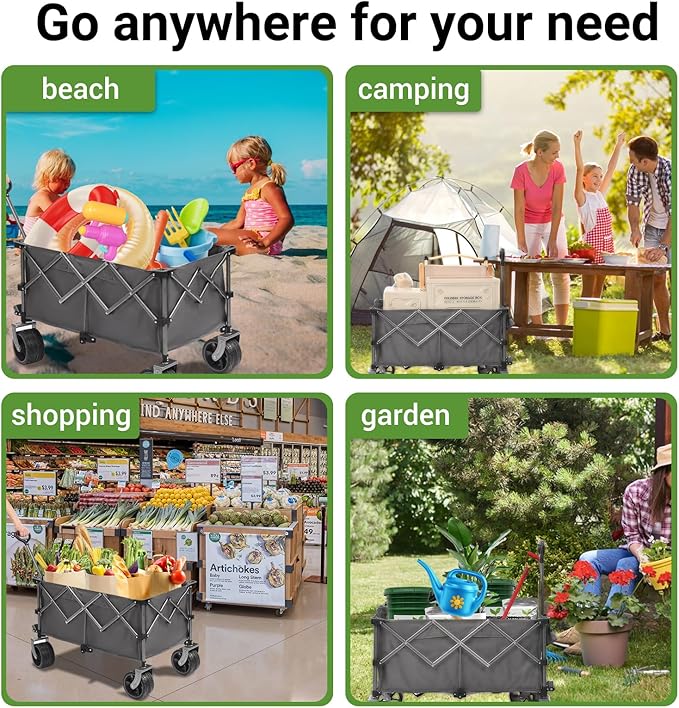 400L Heavy Duty Folding Wagon Cart-450LBS Capacity All-Terrain Beach Cart with Big Wheels & Drink Holders-Push/Pull Utility Cart for Groceries, Camping, Sports, Shopping (Grey)