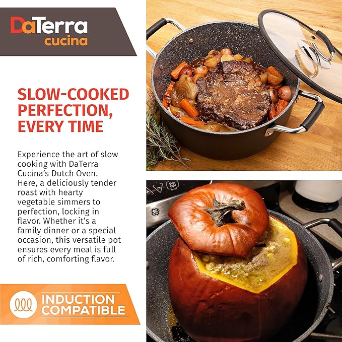 DaTerra Cucina - 8 Qt Nonstick Ceramic Dutch Oven with Lid – Large Stock Pot, Oven & Induction Safe, Heavy Duty, Lightweight, Lead & PFOA Free, Volcanic Black | Made in Italy