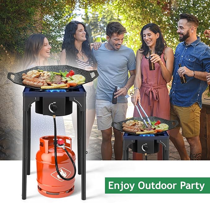 Outvita 1 Burner Propane Gas Stove for Outdoor Cooking, 75,000 BTU Camping Cooker with Removable Legs, Temperature Control Knobs for Backyard Cooking, BBQ, Baking and Frying(Single Burner)