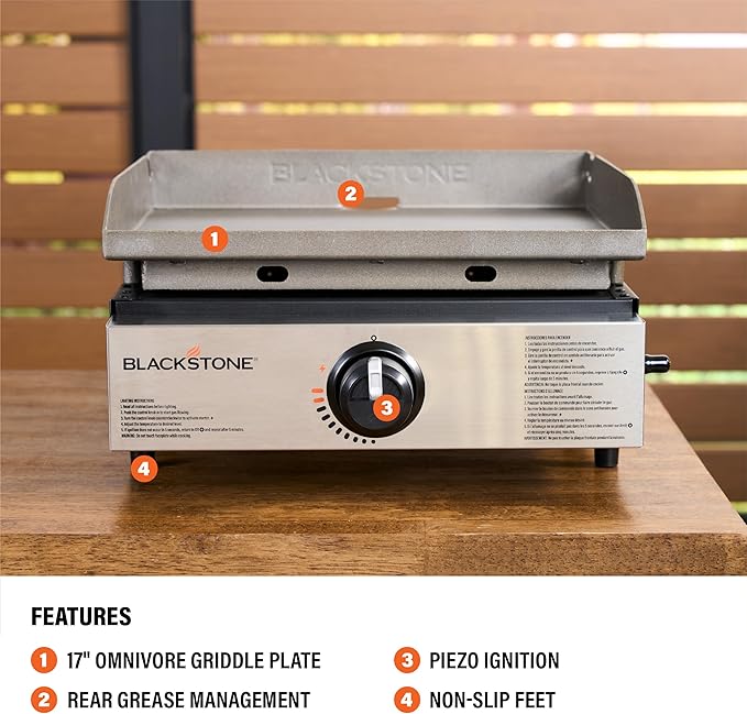 Blackstone 1971 Original 17” Tabletop Griddle with Stainless Steel Front Plate, Powder Coated Steel, Black