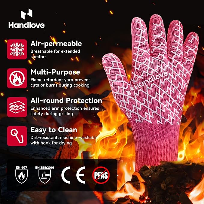 HandLove BBQ Gloves, Oven Gloves with Fingers – Heat Resistant Gloves for Grilling | Silicone Grip, Long Cuff Mitts - Kitchen & Outdoor Barbecue, Cooking, Baking, Pink L