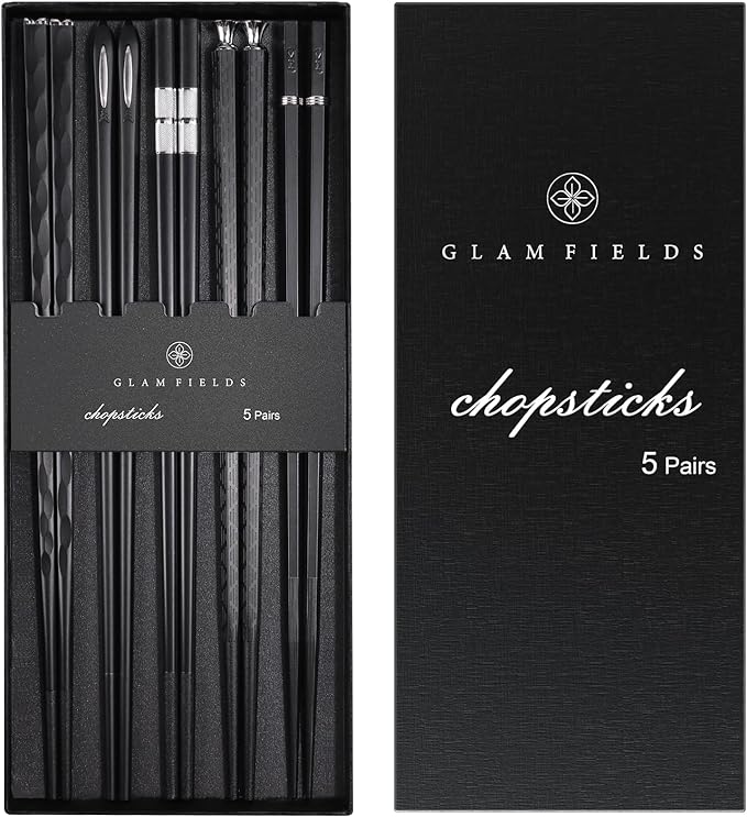 GLAMFIELDS 5 Pairs Premium Chopsticks Reusable Dishwasher Safe 9.5 Inch Fiberglass Chop Sticks Gift Set Non Slip Black + Silver