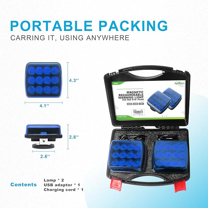 Agrieyes Blue Rechargeable Flashing Lights, Magnetic Strobe Light for Vehicles, Wireless Warning Hazard Beacon Lights for Trucks,