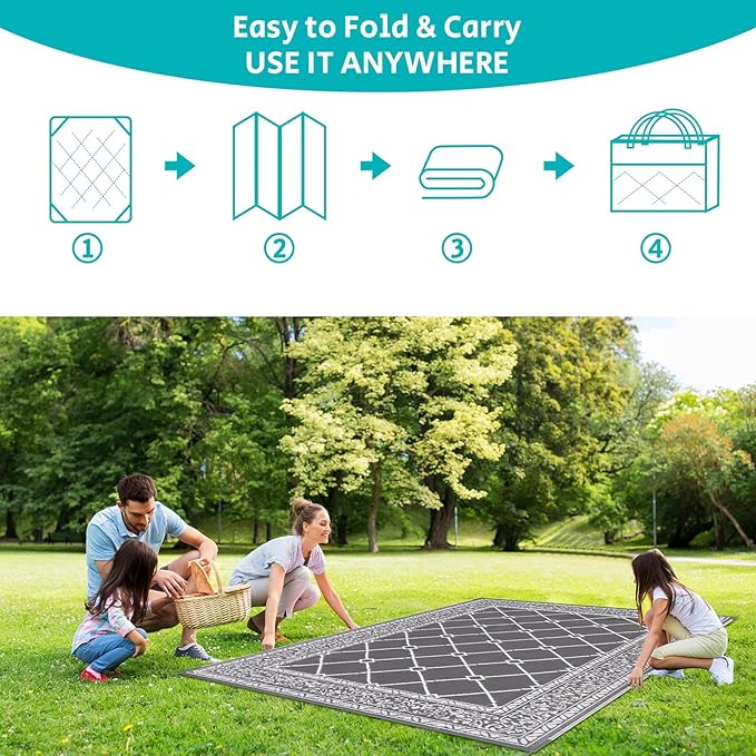 HEBE Outdoor Rug Waterproof 9x12, Reversible Plastic Straw Rug RV Camping Rug, Indoor Outdoor Patio Mat Clearance, Outside Carpet for Porch,Deck,Camper,Balcony,Backyard,Picnic